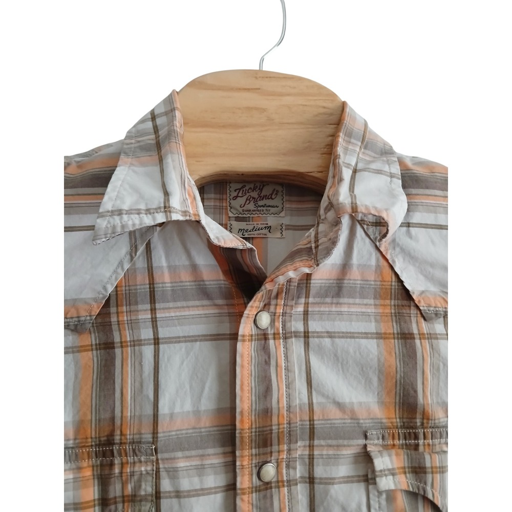 Lucky Brand Orange Plaid Western Pearlsnap Button Mens Shirt Medium